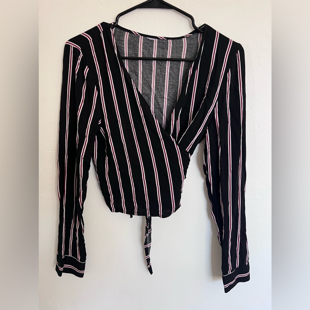 XXS-XS Deep Plunge Black w/ Red & White Stripes Long Sleeve Wrap Crop Blouse
